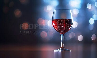 Buy stock photo Red wine, closeup and alcohol glass on bar table in a restaurant, night club and party for a celebration, new year and evening event. Ai generated, drink or pinot noir isolated on bokeh mock up space