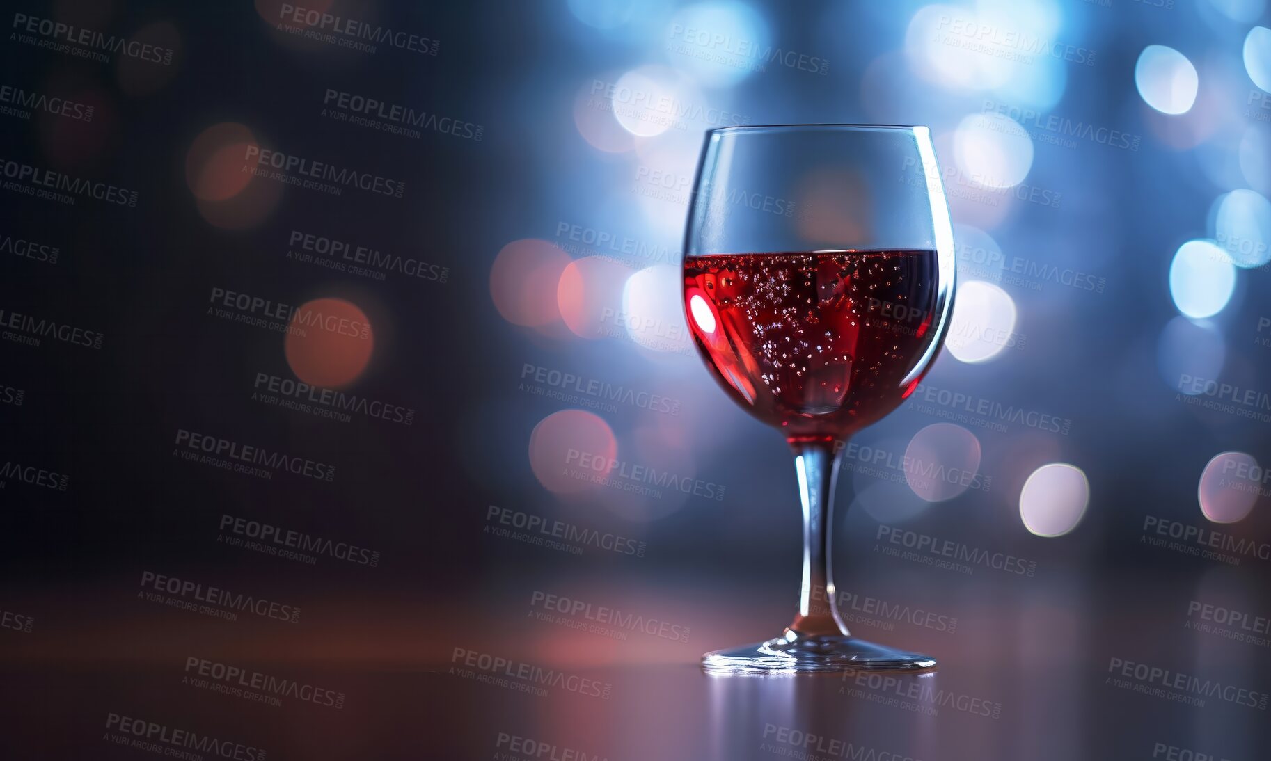 Buy stock photo Red wine, closeup and alcohol glass on bar table in a restaurant, night club and party for a celebration, new year and evening event. Ai generated, drink or pinot noir isolated on bokeh mock up space