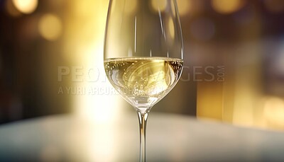 Buy stock photo Wine glass, closeup and alcohol detail on table in restaurant, night club or party for celebration, new year and evening event. Ai generated, drink and sauvignon blanc isolated on bokeh mock up space