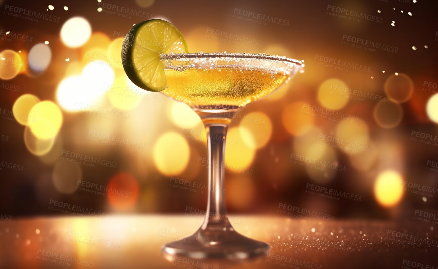 Buy stock photo Margarita, closeup and cocktail glass on table in night club, restaurant and party for celebration, new year and late event. Ai generated alcohol, drink and tequila isolated on bokeh mockup space