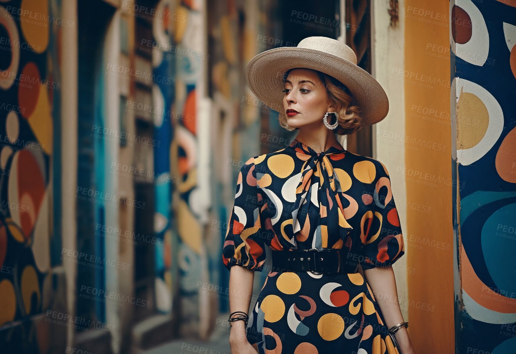 Buy stock photo Retro fashion, woman on walk in a city. Ai generated vintage beauty of girl with hat and dress