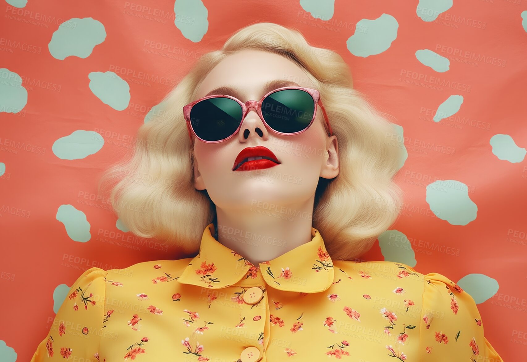 Buy stock photo Retro fashion, woman and sunglasses on color studio background. Ai generated vintage beauty of girl