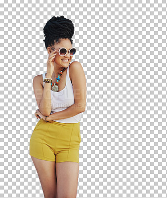 Buy stock photo Sunglasses, fashion and smile of woman isolated on a transparent png background in trendy clothes. Happy gen z girl, confident african model and shades for cool style, summer streetwear and good mood