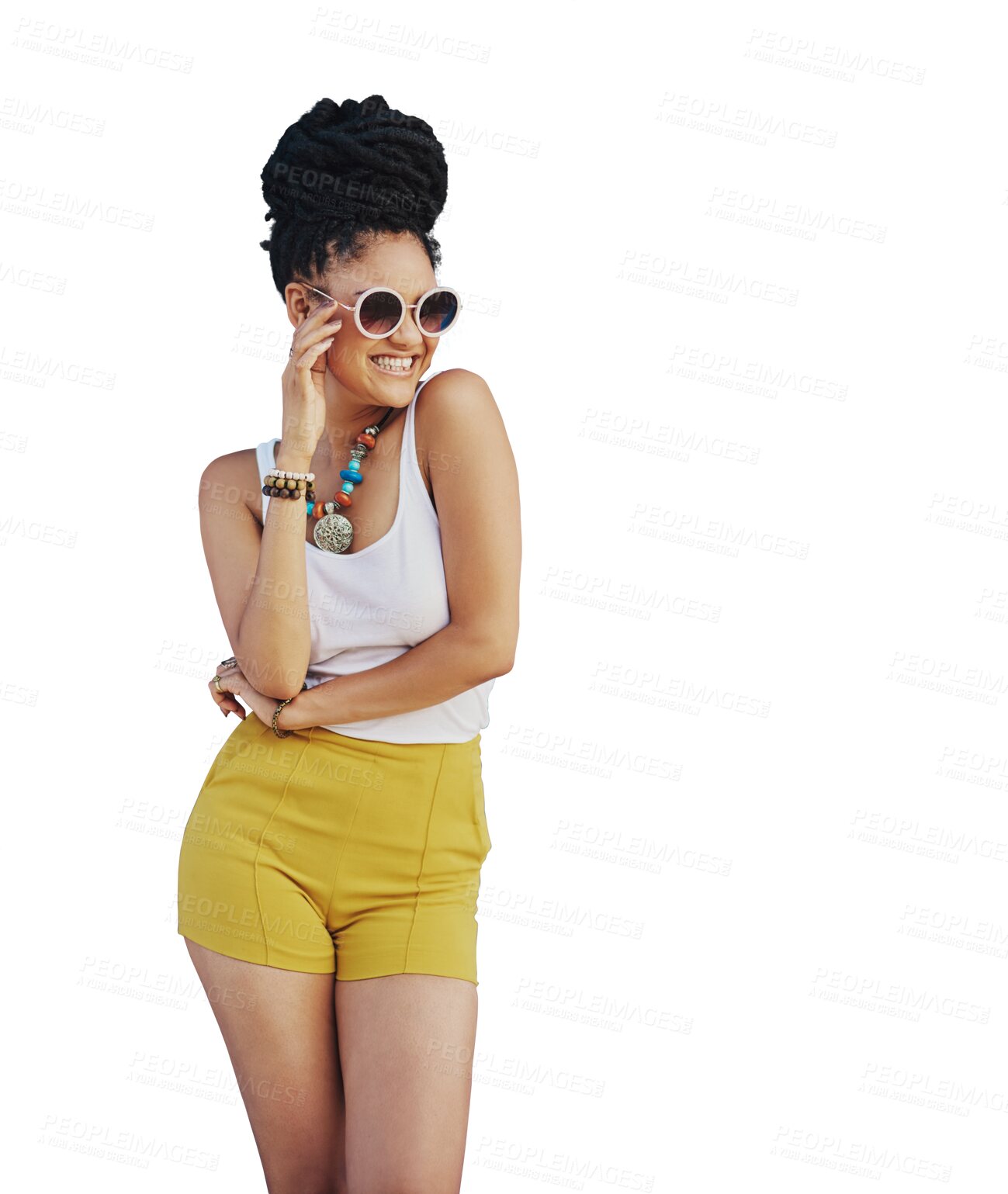 Buy stock photo Sunglasses, fashion and smile of woman isolated on a transparent png background in trendy clothes. Happy gen z girl, confident african model and shades for cool style, summer streetwear and good mood