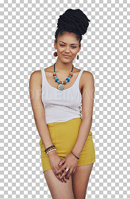 Buy stock photo Portrait, fashion and accessories with an african woman isolated on a transparent background for trendy style. Hair, beauty and jewelry with a confident young female model on PNG in a clothes outfit