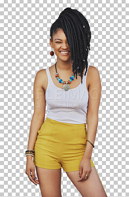 Buy stock photo Portrait, hair and funny with an african woman isolated on a transparent background for trendy style. Fashion, beauty and laughing with a happy young female person on PNG in a clothes outfit