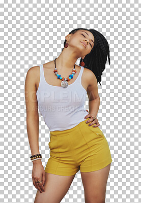 Buy stock photo Young woman, fashion and style with jewelry, trendy and color necklace with confidence. Model, attitude and girl or person with stylish clothes and edgy isolated on a transparent png background