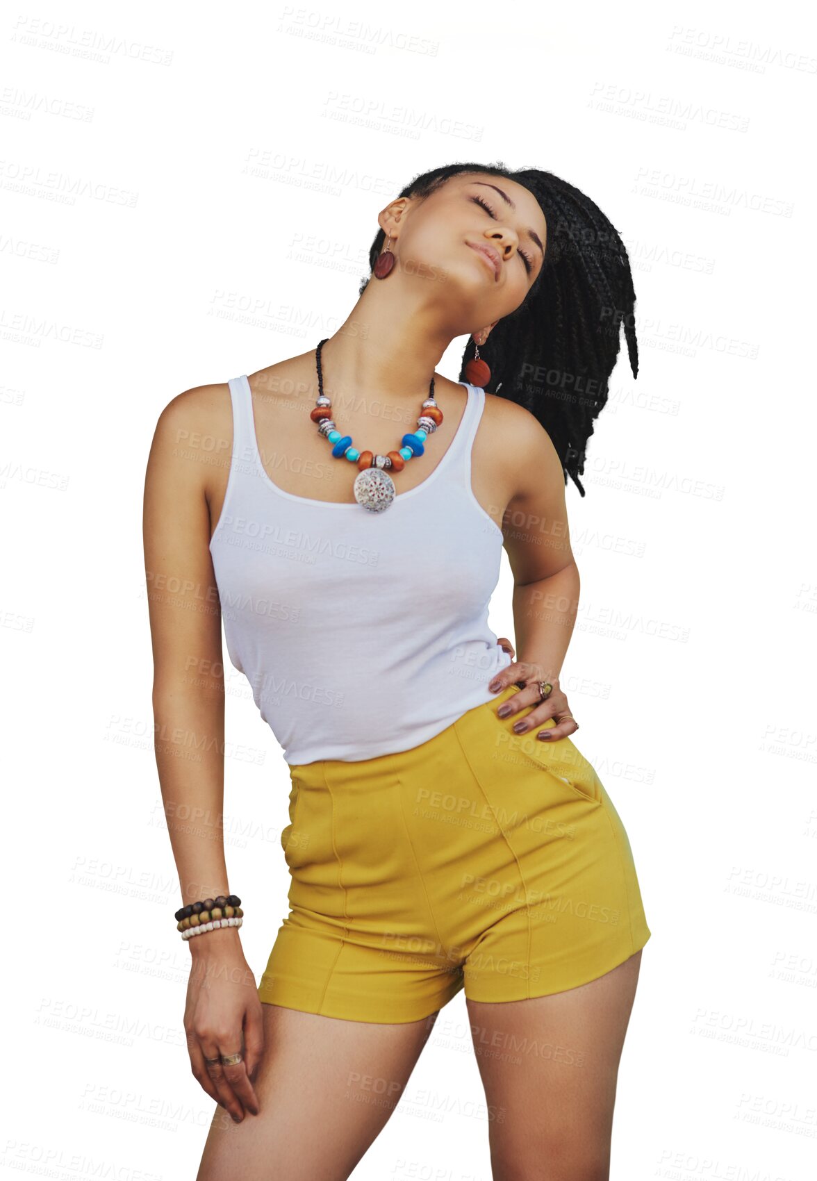 Buy stock photo Young woman, fashion and style with jewelry, trendy and color necklace with confidence. Model, attitude and girl or person with stylish clothes and edgy isolated on a transparent png background