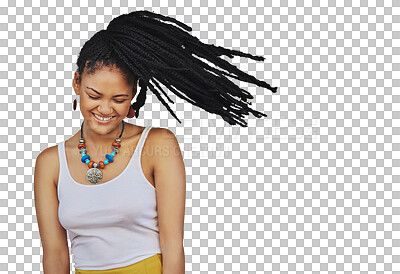 Buy stock photo Shake hair, fashion and woman with a smile, excited and model isolated against a transparent background. Female person, movement and girl with happiness, dreads and beauty with aesthetic and png