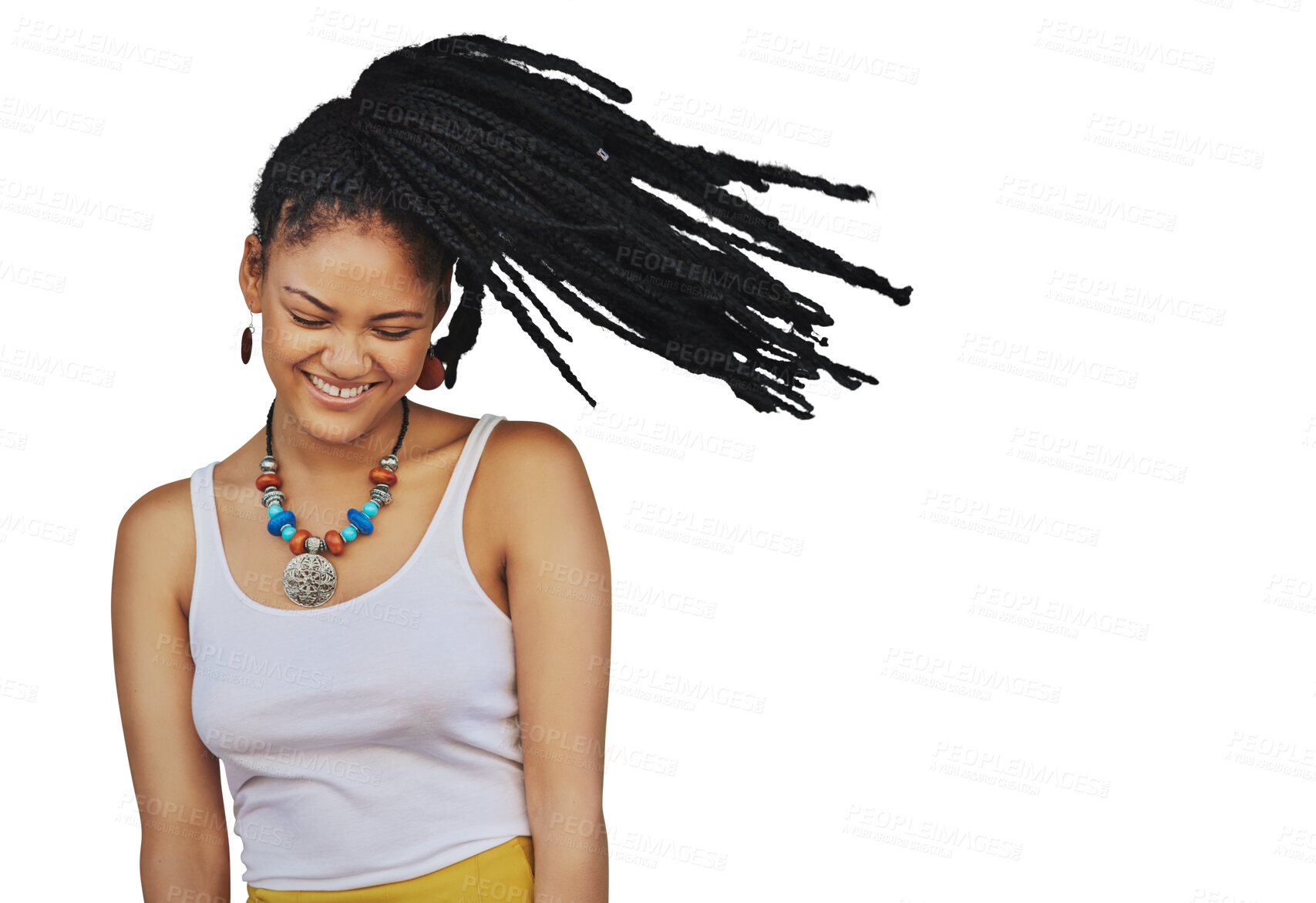 Buy stock photo Shake hair, fashion and woman with a smile, excited and model isolated against a transparent background. Female person, movement and girl with happiness, dreads and beauty with aesthetic and png