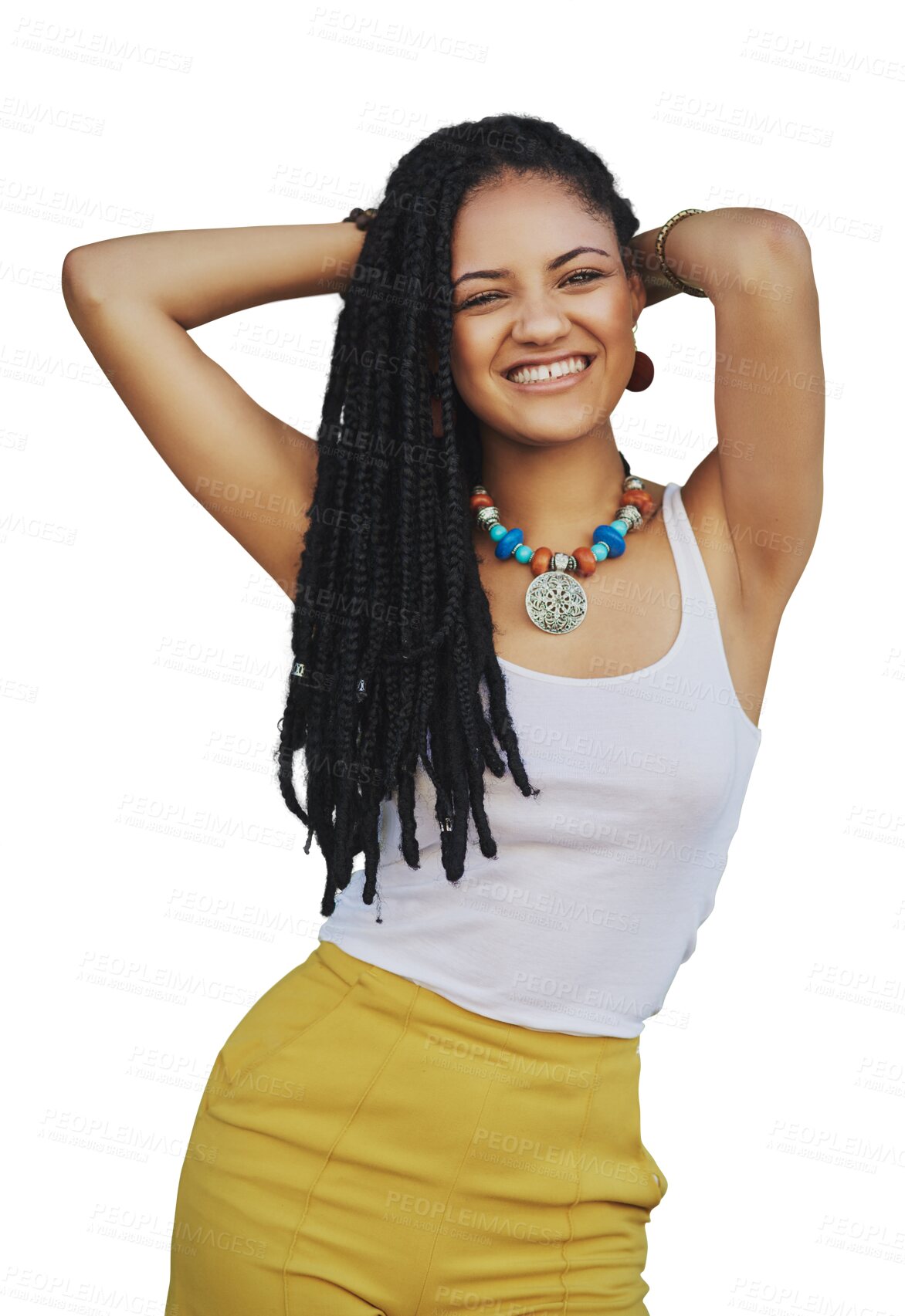 Buy stock photo Fashion dreadlocks, portrait and woman smile with hair isolated on a transparent png background. Happy, person and natural braids for aesthetic model, wellness and hairstyle at salon in South Africa