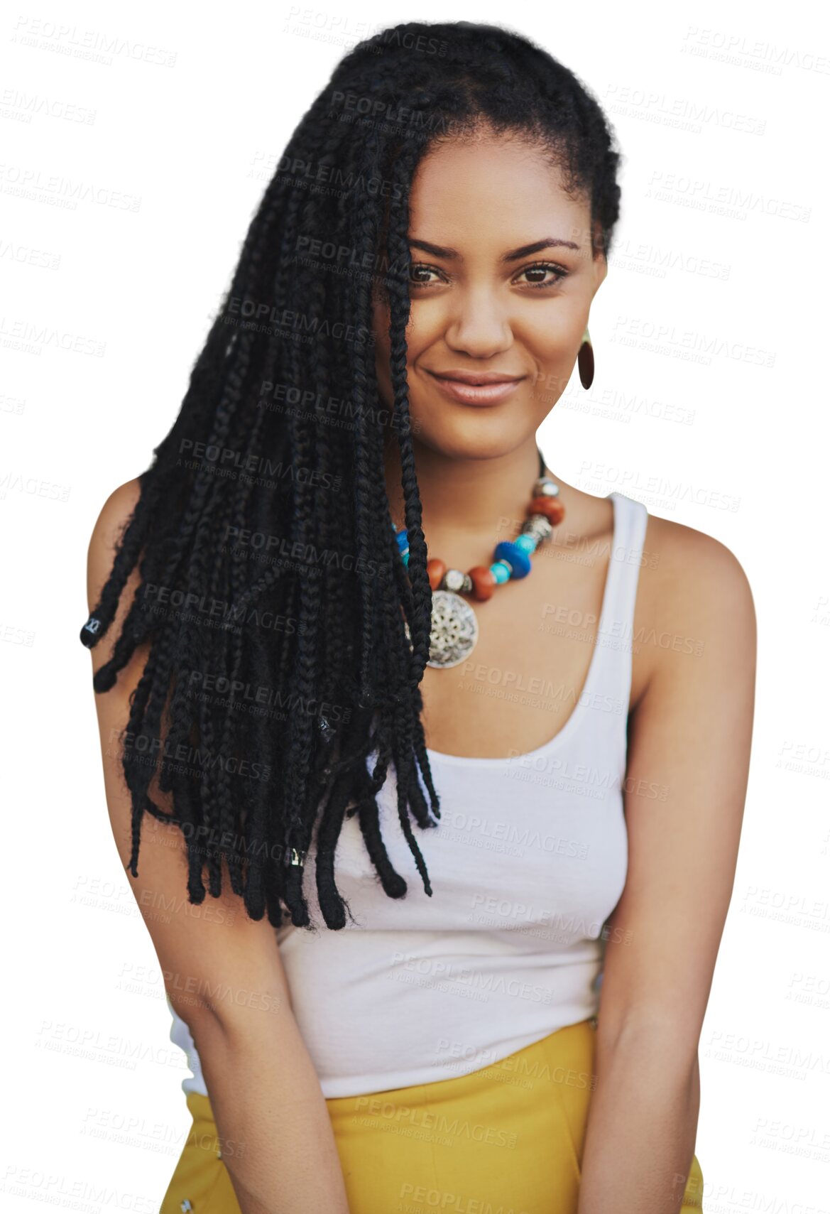 Buy stock photo Portrait, fashion dreadlocks and happy woman with hair isolated on a transparent png background. Person smile, face and natural braids for aesthetic, hairstyle at salon and trendy in South Africa