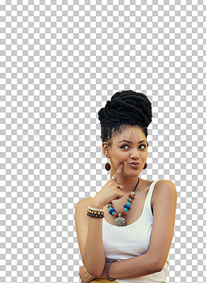 Buy stock photo Happy, thinking and woman with idea isolated on a transparent png background. Brainstorming, smile and African person or model with question, planning or problem solving, decision and remember memory