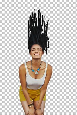 Buy stock photo Portrait, fashion and hair flip with a woman isolated on a transparent background for trendy braids and crazy style. Smile, beauty and a playful young african female person on PNG in a clothes outfit