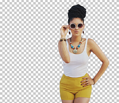 Buy stock photo Portrait, fashion and sunglasses with a model woman isolated on a transparent background for trendy style. Hair, beauty and attitude with a young african female person on PNG in a clothes outfit