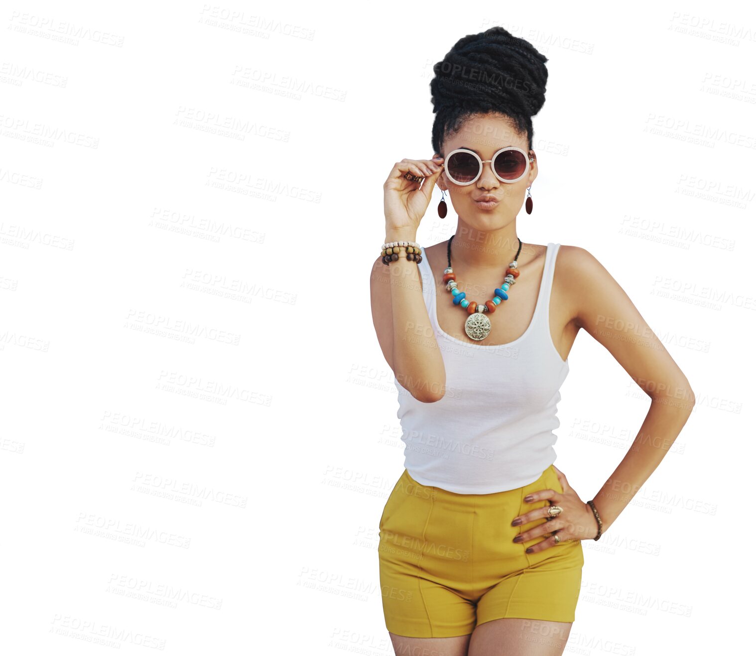 Buy stock photo Portrait, fashion and sunglasses with a model woman isolated on a transparent background for trendy style. Hair, beauty and attitude with a young african female person on PNG in a clothes outfit