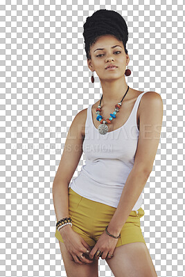 Buy stock photo Fashion, portrait and young woman with braids, casual outfit with cosmetic jewelry isolated on png transparent background. Hairstyle, beauty and female model with trendy clothes and stylish person