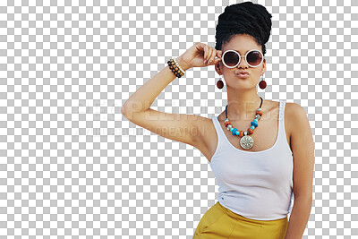 Buy stock photo Portrait, gen z and sunglasses with an african woman isolated on a transparent background for trendy style. Fashion, beauty or attitude with a confident young female person on PNG in a clothes outfit