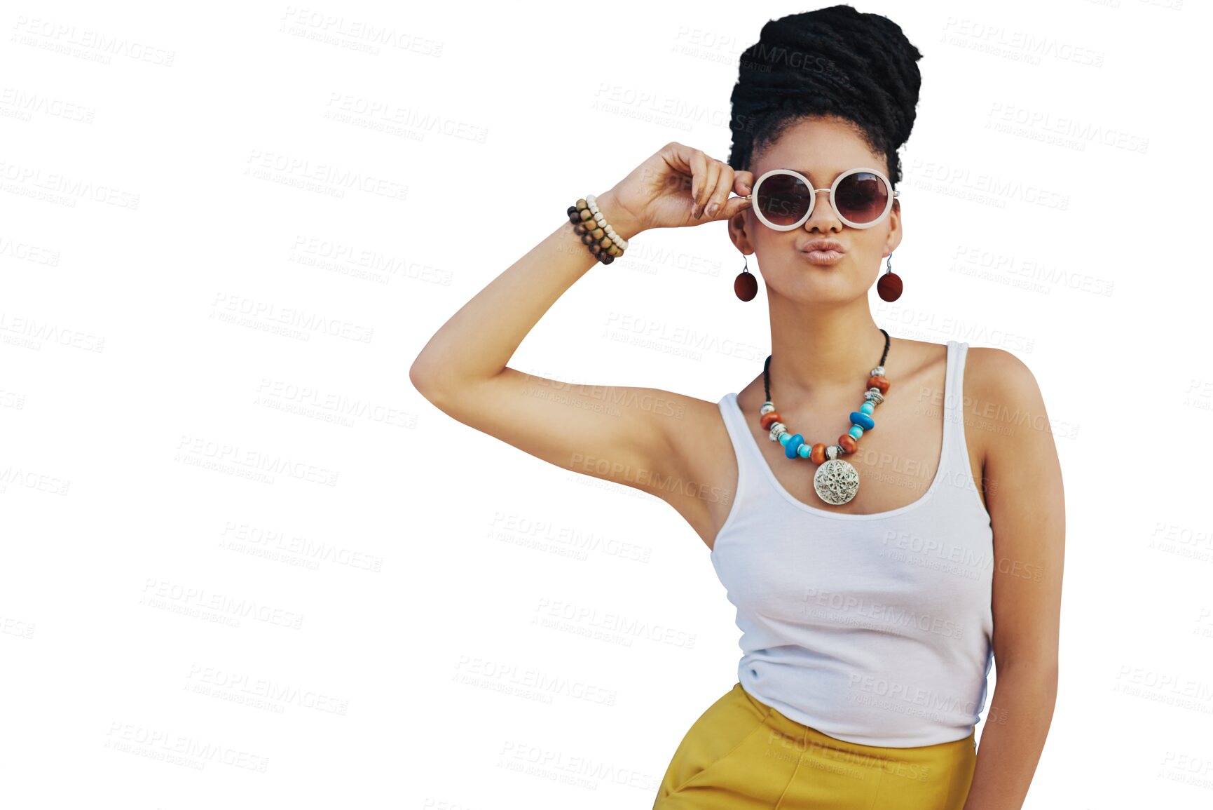 Buy stock photo Portrait, gen z and sunglasses with an african woman isolated on a transparent background for trendy style. Fashion, beauty or attitude with a confident young female person on PNG in a clothes outfit