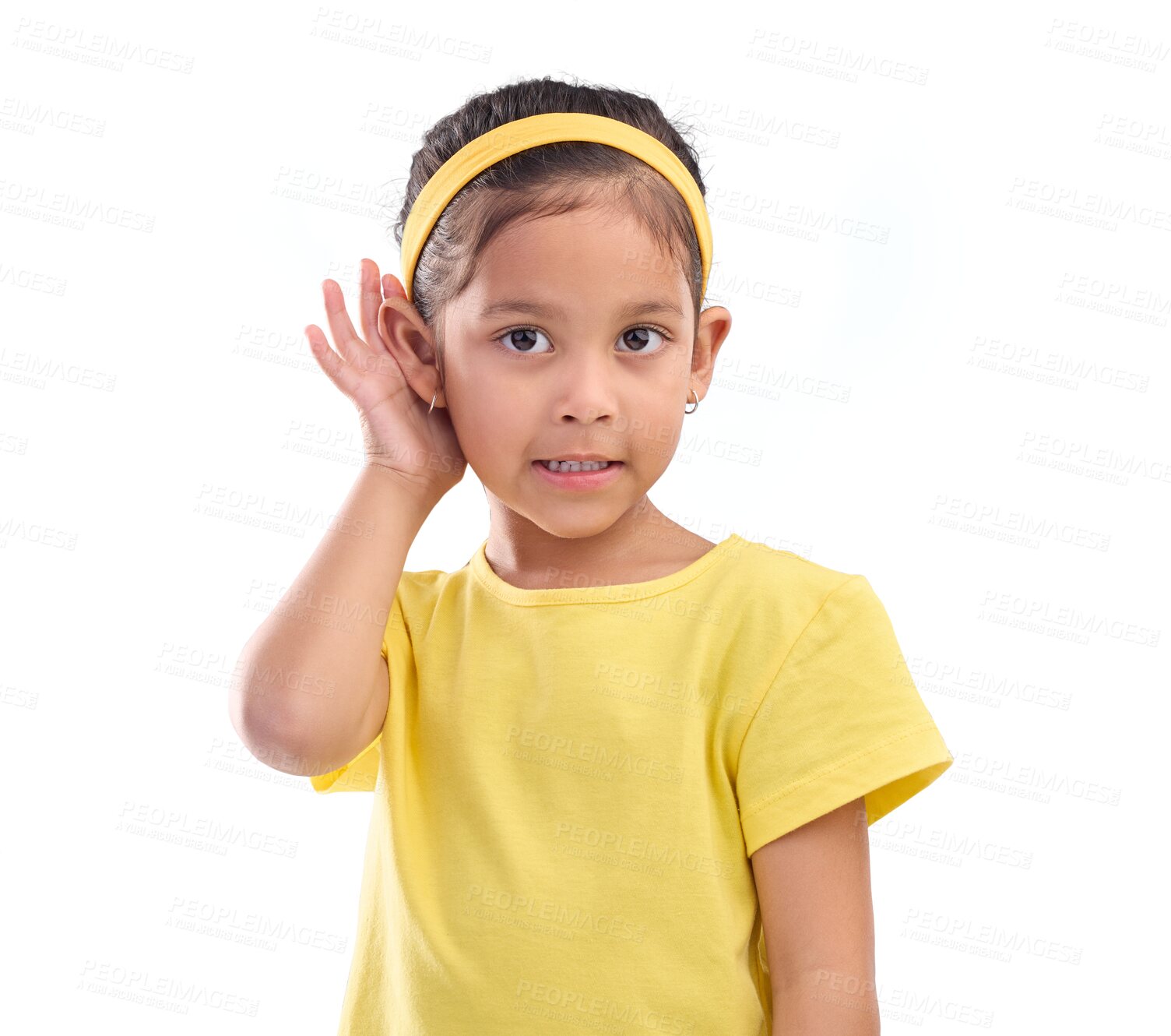 Buy stock photo Hearing, eavesdrop and portrait of a child listening for communication, gossip or a secret. Youth, attention and a young girl holding an ear for sound and isolated on a transparent png background