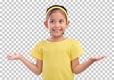 Buy stock photo Thinking, child and shrug with decision or unsure about a choice, option or feedback. Kid, clueless and doubt from a young girl about a question with gesture isolated on a transparent png background