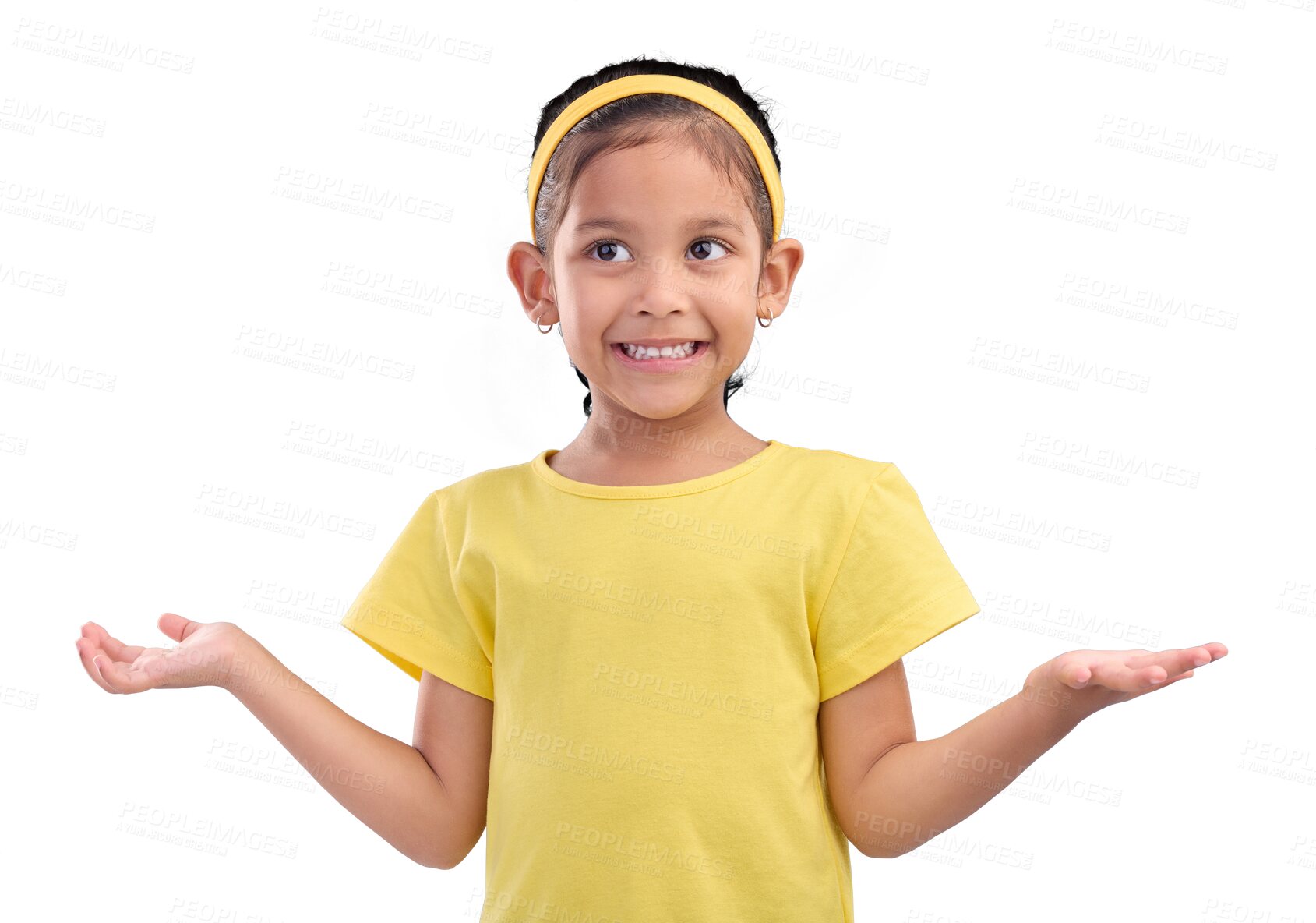 Buy stock photo Thinking, child and shrug with decision or unsure about a choice, option or feedback. Kid, clueless and doubt from a young girl about a question with gesture isolated on a transparent png background