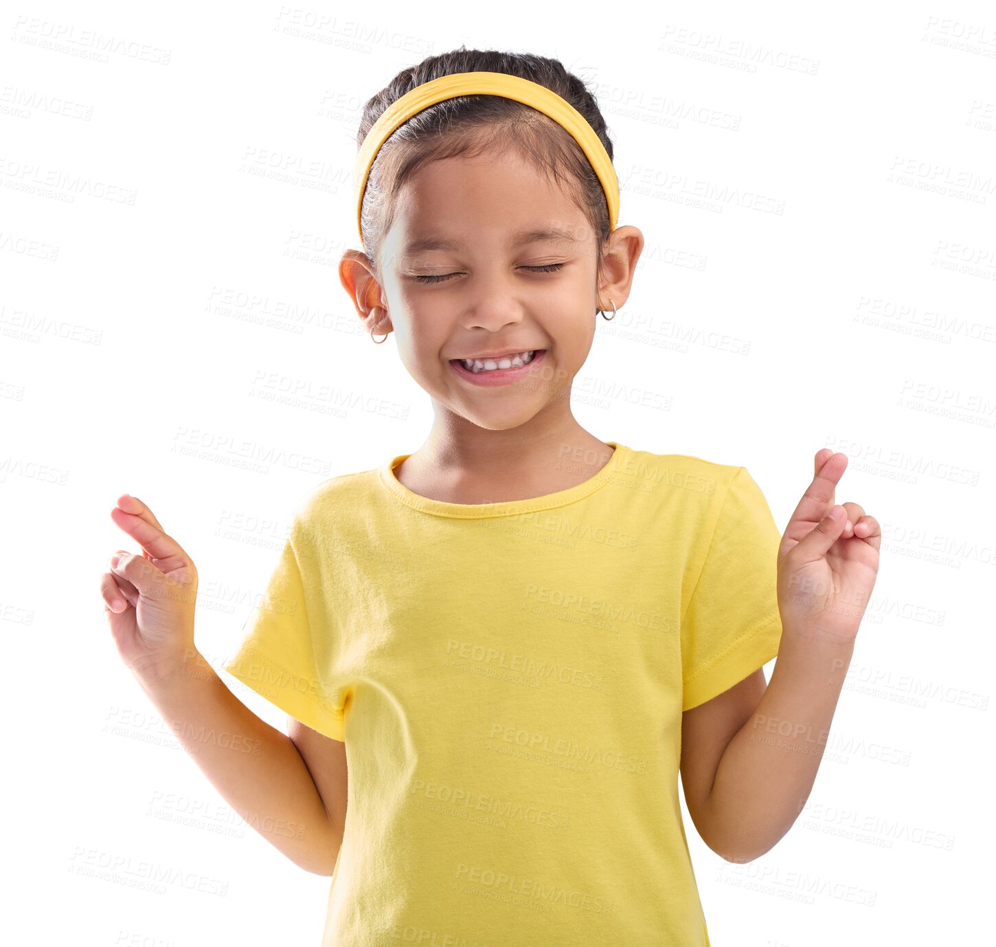 Buy stock photo Child, hope and fingers crossed for a wish or good luck isolated on a transparent png background. Girl, eyes closed and emoji hands, praying and sign while happy with a smile for game or excited