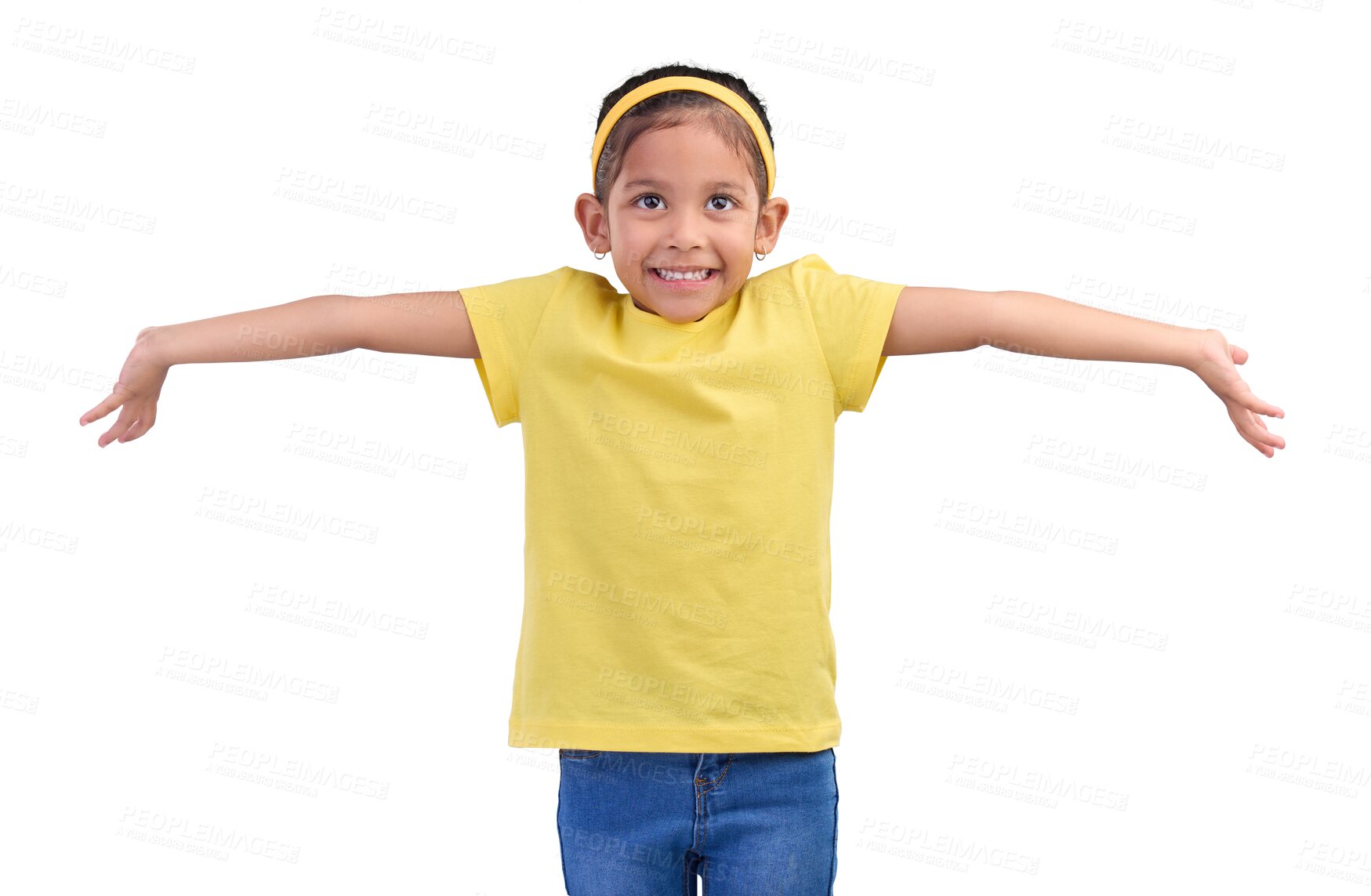 Buy stock photo Happy, child and with decision, shrugging or unsure with arms and hands stretched with a smile. Kid, clueless and girl with doubt and confused about question isolated on a transparent png background