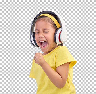 Music, headphones and singing with girl in studio for streaming, mobile radio and audio. Technology, media and youth with child listening isolated on blue background for natural, happy and songs