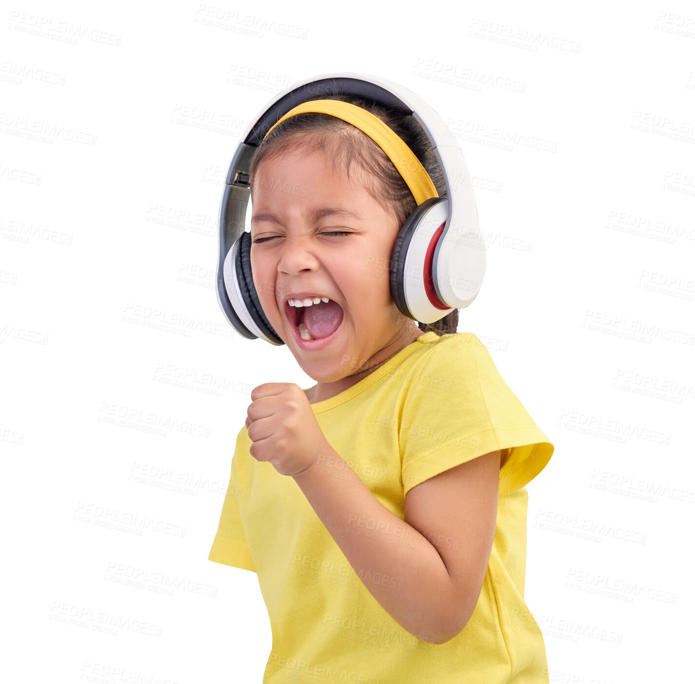 Buy stock photo Music, headphones or child singing while listening to radio or audio isolated on transparent png background. Girl toddler, freedom and happy young female kid singer streaming a song to celebrate joy