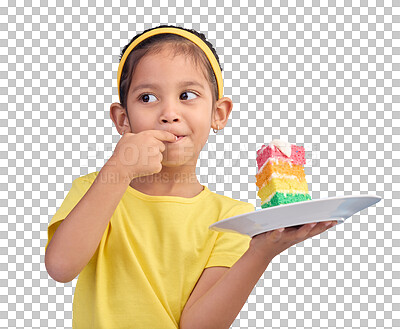 Birthday cake, taste and young girl with a sweet in studio eating icing for party event dessert. Celebration, rainbow food and hungry kid in a isolated and blue background studio ready to celebrate