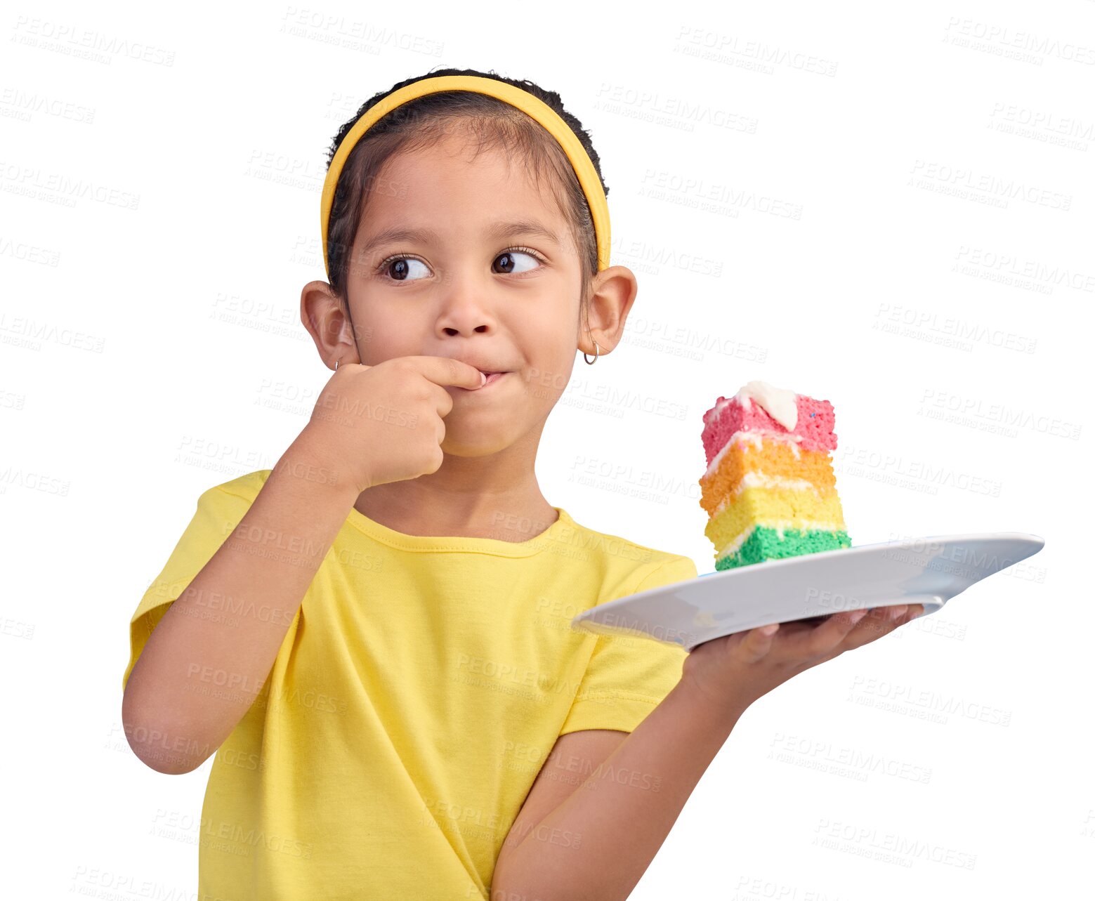 Buy stock photo Girl, kid and eating rainbow cake, birthday and celebration with dessert isolated on png transparent background. Young female child, sweet snack and taste frosting with bakery product and junk food
