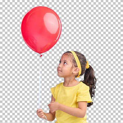 Young girl, studio and red balloon of a an excited kid with a smile ready for a birthday party. Celebration, happiness and female child holding balloons in the air with isolated blue background