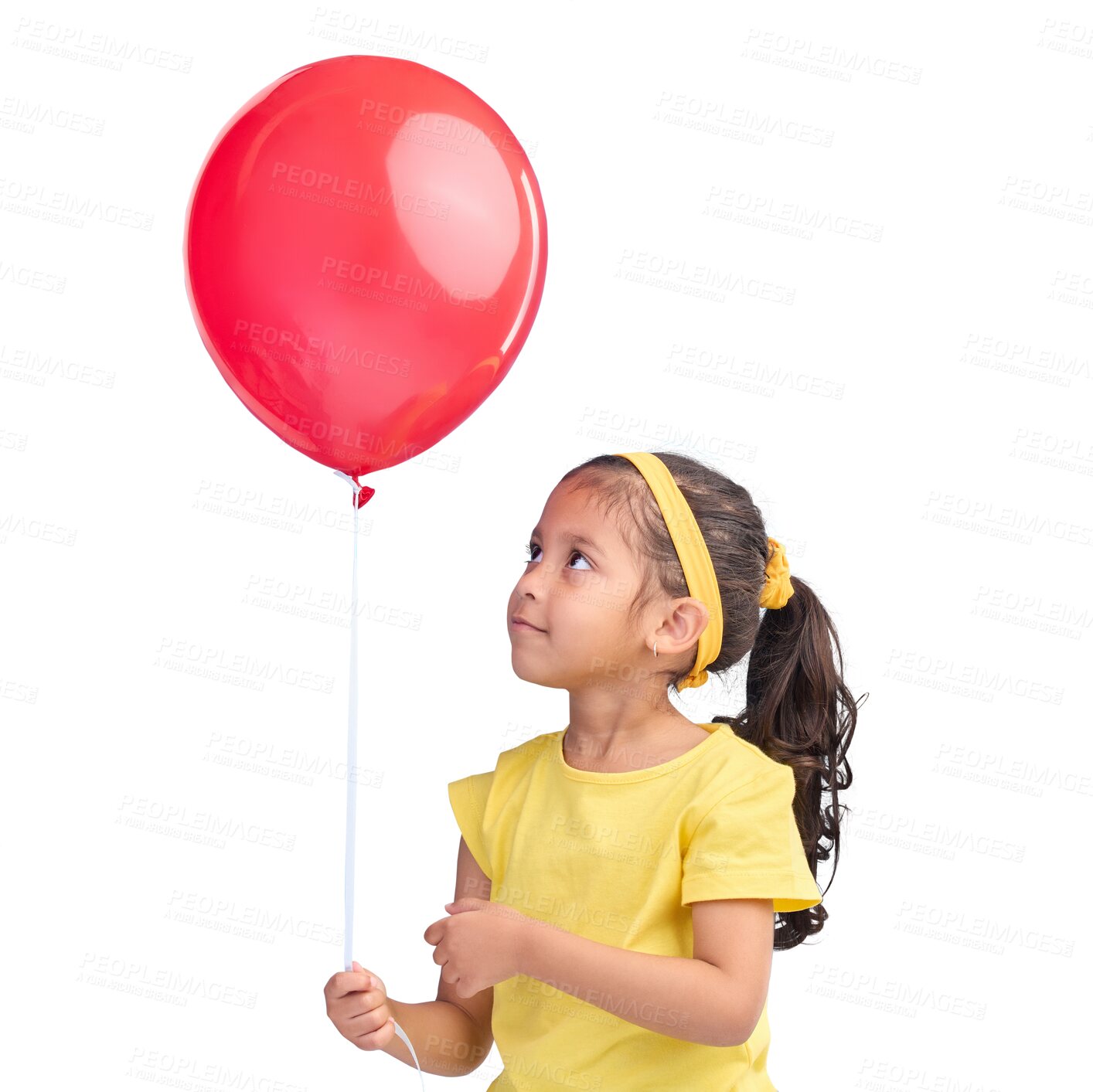 Buy stock photo Red balloon, young girl and child at birthday party, carnival festival or celebration event with flying air product. Kindergarten student, helium and kid isolated on transparent, png background  