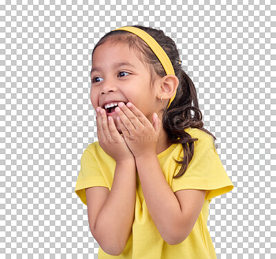 Buy stock photo Wow, funny and cute with a girl child isolated on a transparent background laughing at a joke. Children, comic and smile with a happy or excited young female kid on PNG for carefree fun and humor