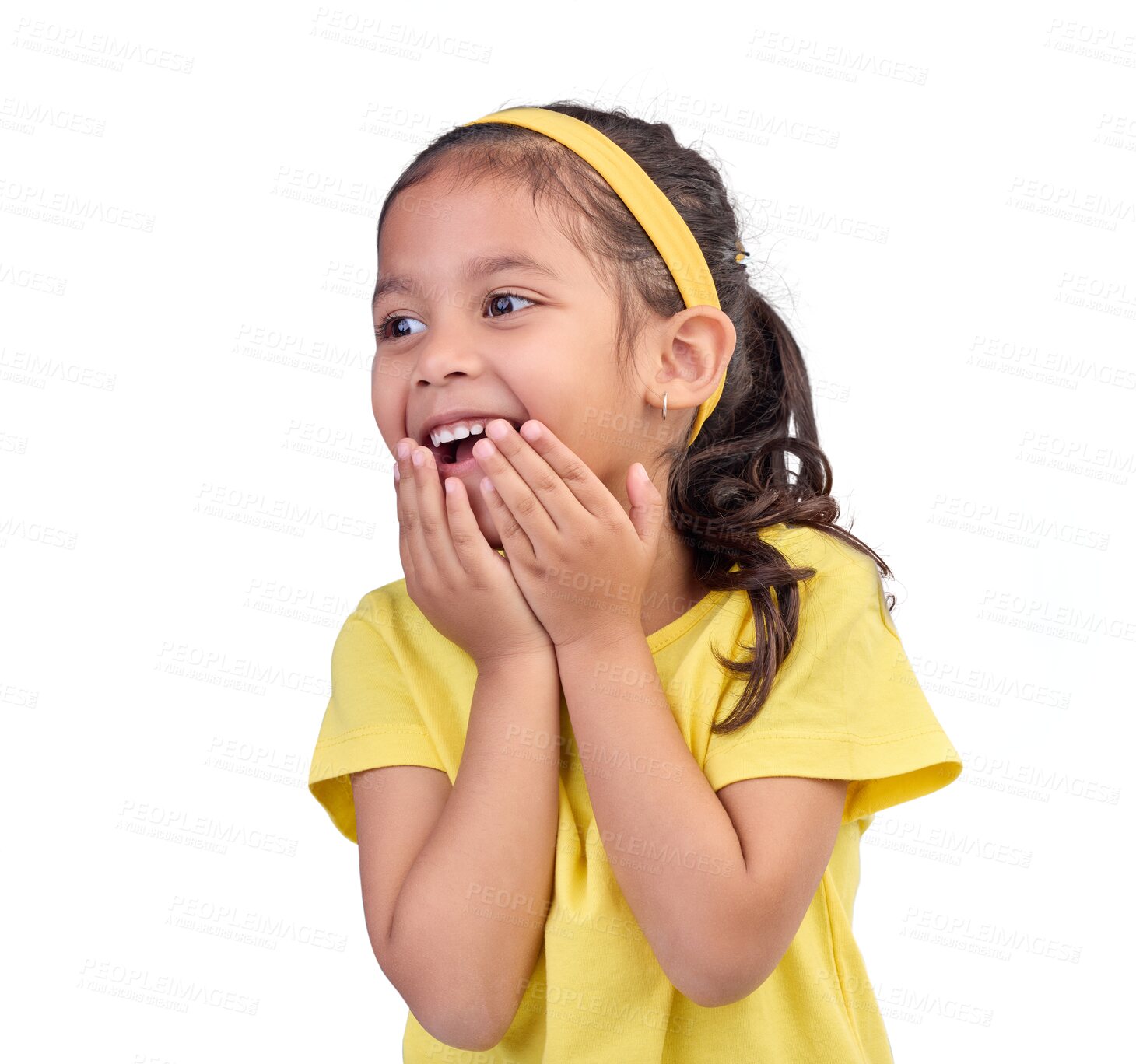 Buy stock photo Wow, funny and cute with a girl child isolated on a transparent background laughing at a joke. Children, comic and smile with a happy or excited young female kid on PNG for carefree fun and humor