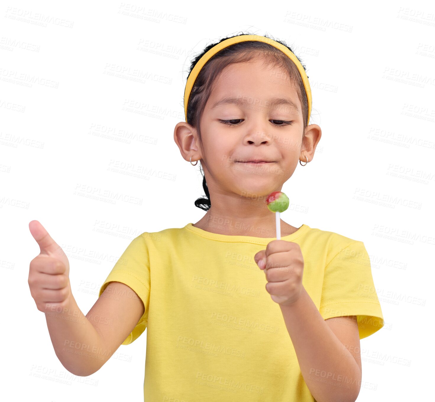 Buy stock photo Candy, happy and a child with a lollipop and thumbs up with a smile and review. Excited, thinking and girl kid with hand sign eating sweets, sugar or treats isolated on a transparent, png background