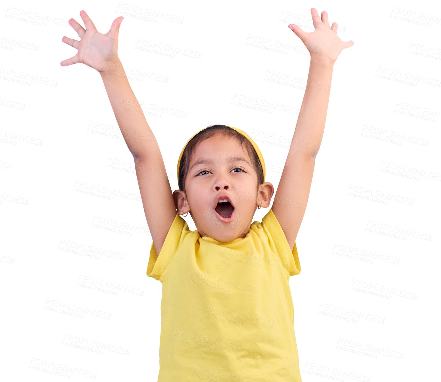 Buy stock photo Children, wow and winner with a girl arms raised in victory while isolated on a transparent background. Kids, support and motivation with a female child in celebration of a goal or success on PNG