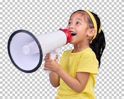 Buy stock photo Communication, speech and child with megaphone for news, opinion and announcement isolated on a transparent PNG background. Talking, speaking and young girl with bullhorn for voice or attention