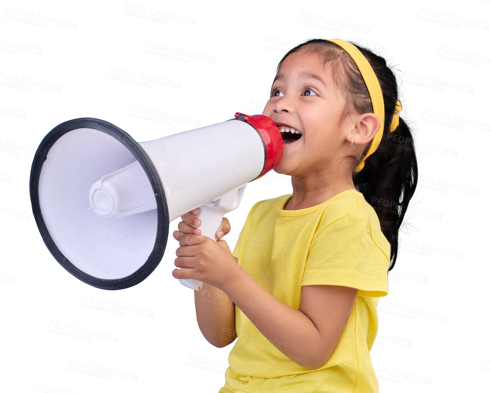 Buy stock photo Communication, speech and child with megaphone for news, opinion and announcement isolated on a transparent PNG background. Talking, speaking and young girl with bullhorn for voice or attention