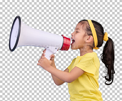 Buy stock photo Voice, shout and child with megaphone for news, opinion and announcement at protest. Talking, speaking and girl kid with loudspeaker for communication or scream isolated by transparent png background