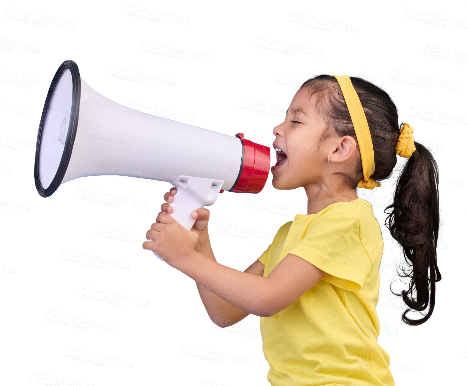 Buy stock photo Voice, shout and child with megaphone for news, opinion and announcement at protest. Talking, speaking and girl kid with loudspeaker for communication or scream isolated by transparent png background