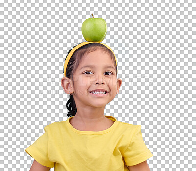 Buy stock photo Apple, child and girl head balance for a healthy, wellness or vitamins food for a nutrition diet. Happy, smile and face of kid model with a fruit for a snack isolated by transparent png background.