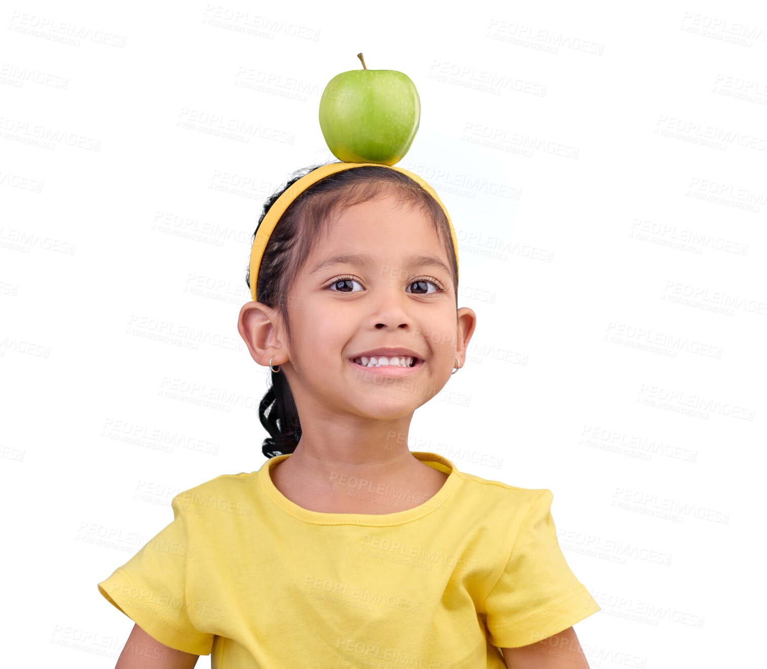 Buy stock photo Apple, child and girl head balance for a healthy, wellness or vitamins food for a nutrition diet. Happy, smile and face of kid model with a fruit for a snack isolated by transparent png background.