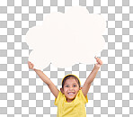 Speech bubble, thinking and portrait of child with idea, opinion and announcement on blue background studio. Talking, speaking mockup and excited, happy and young girl with smile, poster and banner