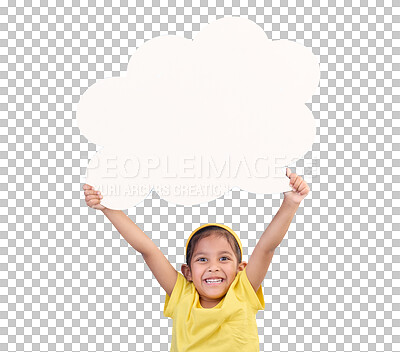 Speech bubble, thinking and portrait of child with idea, opinion and announcement on blue background studio. Talking, speaking mockup and excited, happy and young girl with smile, poster and banner