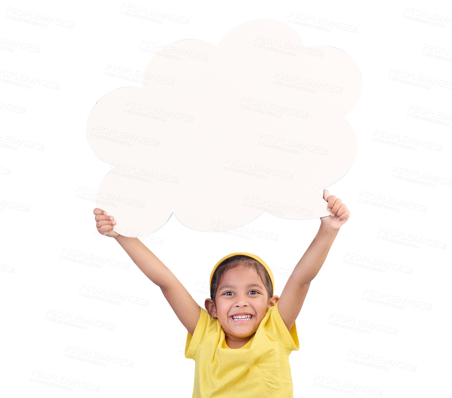 Buy stock photo Girl, excited and portrait, speech bubble and voice with social media isolated on png transparent background. Young female kid, mockup space and opinion, dialogue and chat with quote and feedback