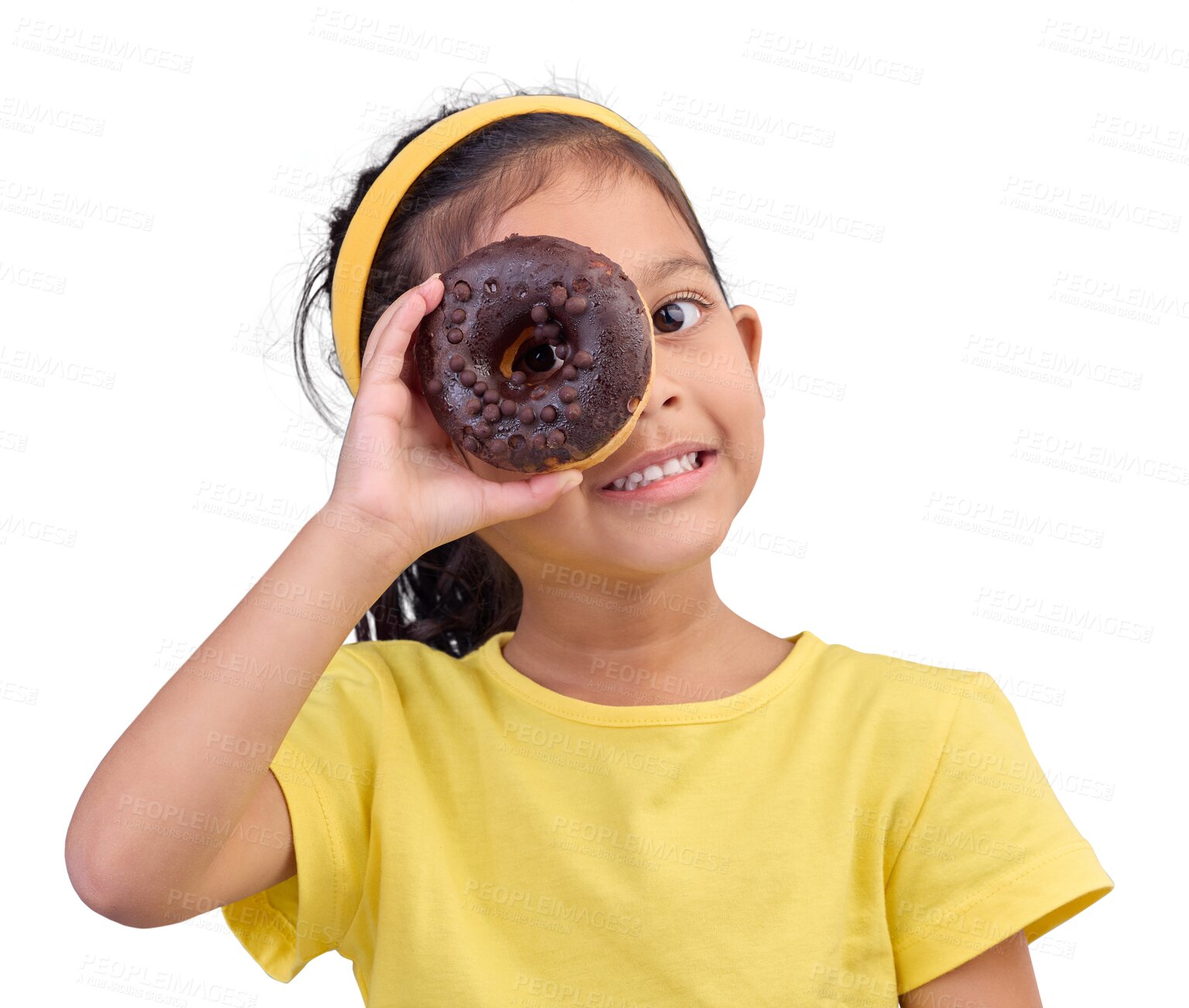 Buy stock photo Donut, eye and portrait smile of little girl with junk food and sugar isolated on a transparent PNG background. Snack, cake and cute face of happy or hungry child with chocolate desert for eating