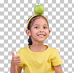 Happy, portrait and a young girl with a thumbs up isolated on a blue background in a studio. Review, success and face a child with a hand gesture for satisfaction, emoji and agreement on a backdrop