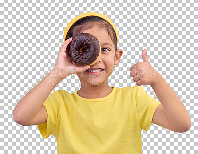 Donut, eye and thumbs up with portrait of girl in studio for junk food, sugar and happiness. Snack, cake and cute with face of child and dessert for cute, positive and chocolate on blue background